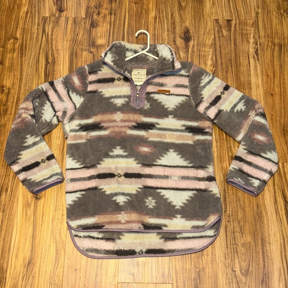 Simply Southern women’s large pullover fleece Sherpa Aztec purple gray zipper